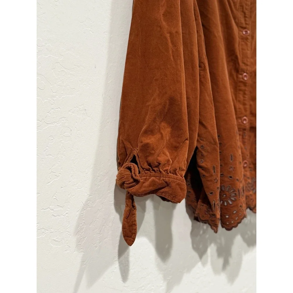 Madewell Corduroy Eyelet Button Front Top Rust Brown Square Neck Plus Size 3X